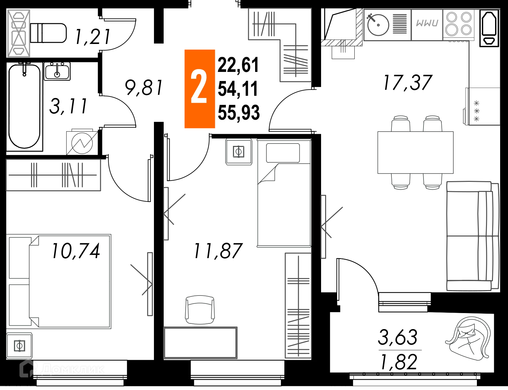 Планировка 2-комнатной квартиры 55.93 м² в ЖК КРЕЧЕТНИКОВ ПАРК, г. Калуга — фото 1