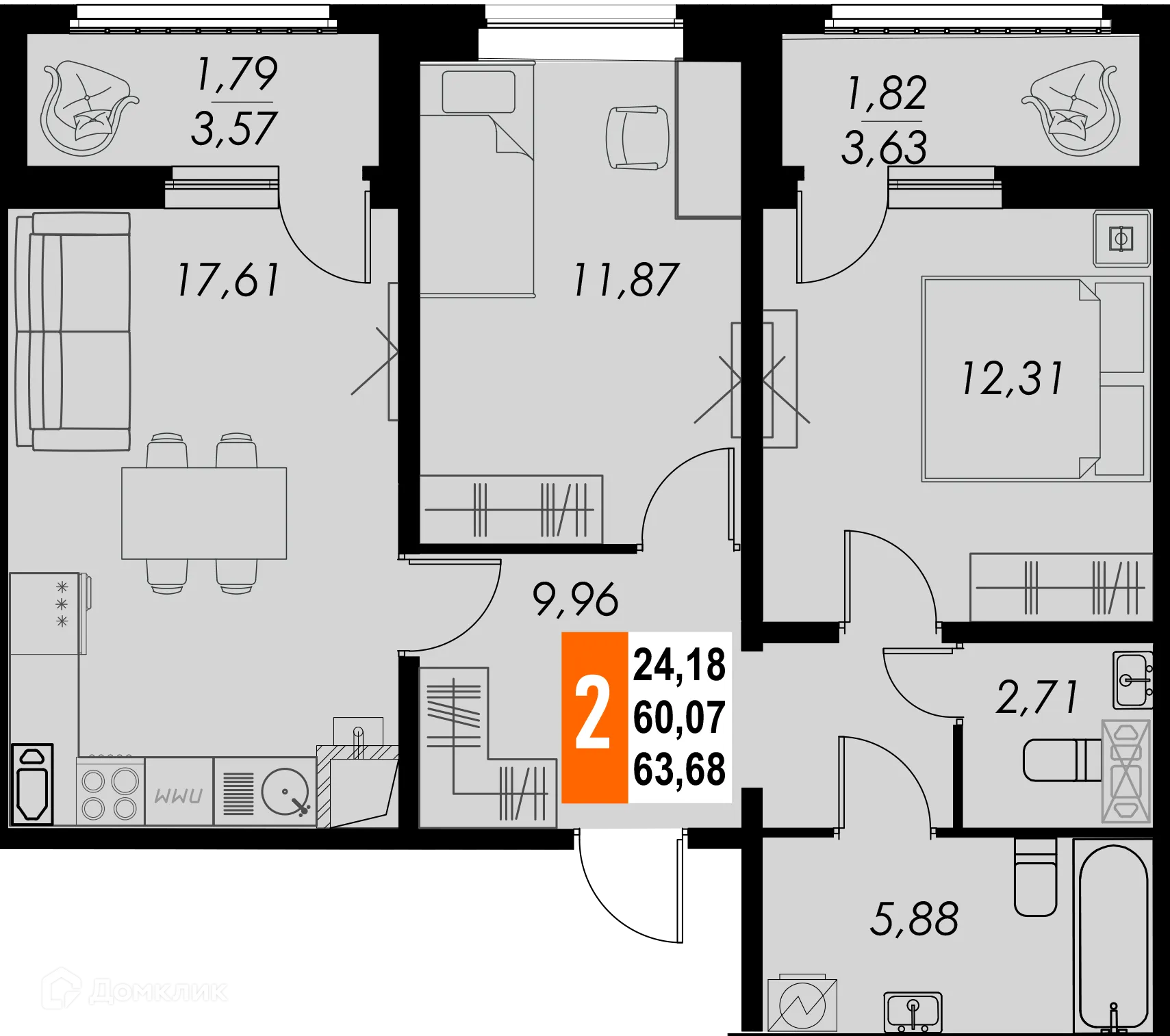 Планировка 2-комнатной квартиры 63.68 м² в ЖК КРЕЧЕТНИКОВ ПАРК, г. Калуга — фото 1