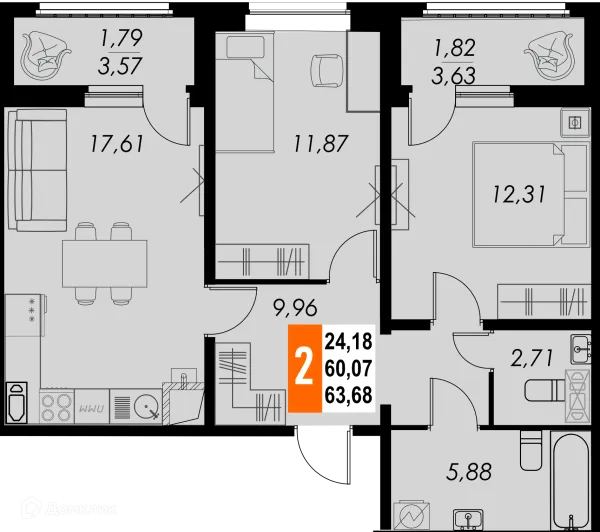 Планировка 2 комн. в ЖК КРЕЧЕТНИКОВ ПАРК