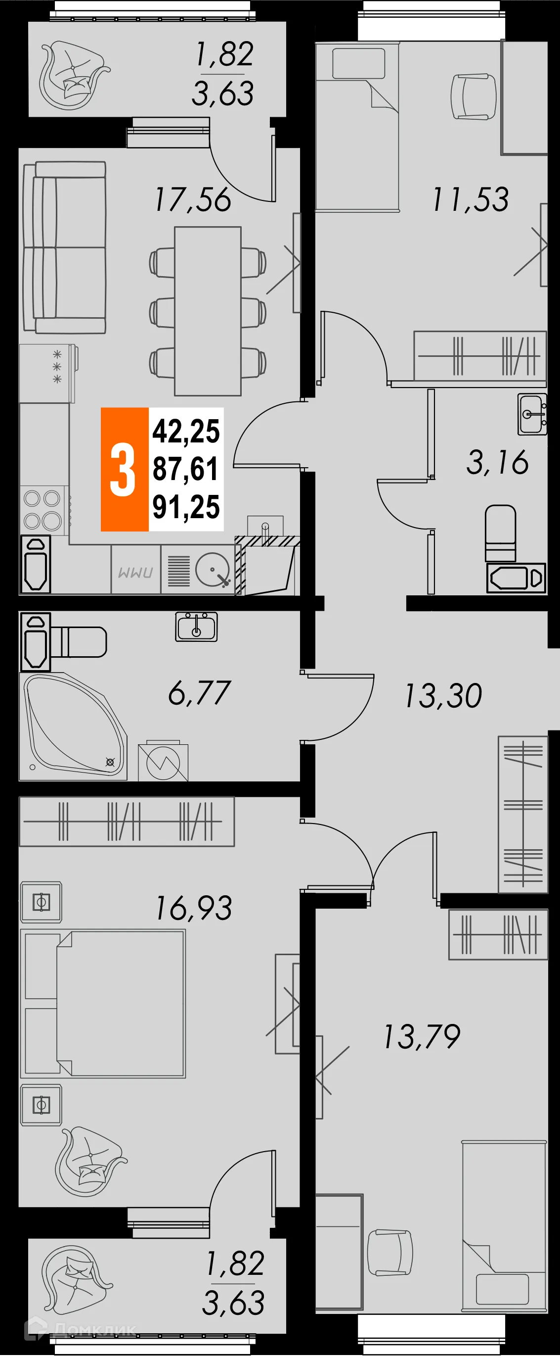 Планировка 3-комнатной квартиры 91.25 м² в ЖК КРЕЧЕТНИКОВ ПАРК, г. Калуга — фото 1