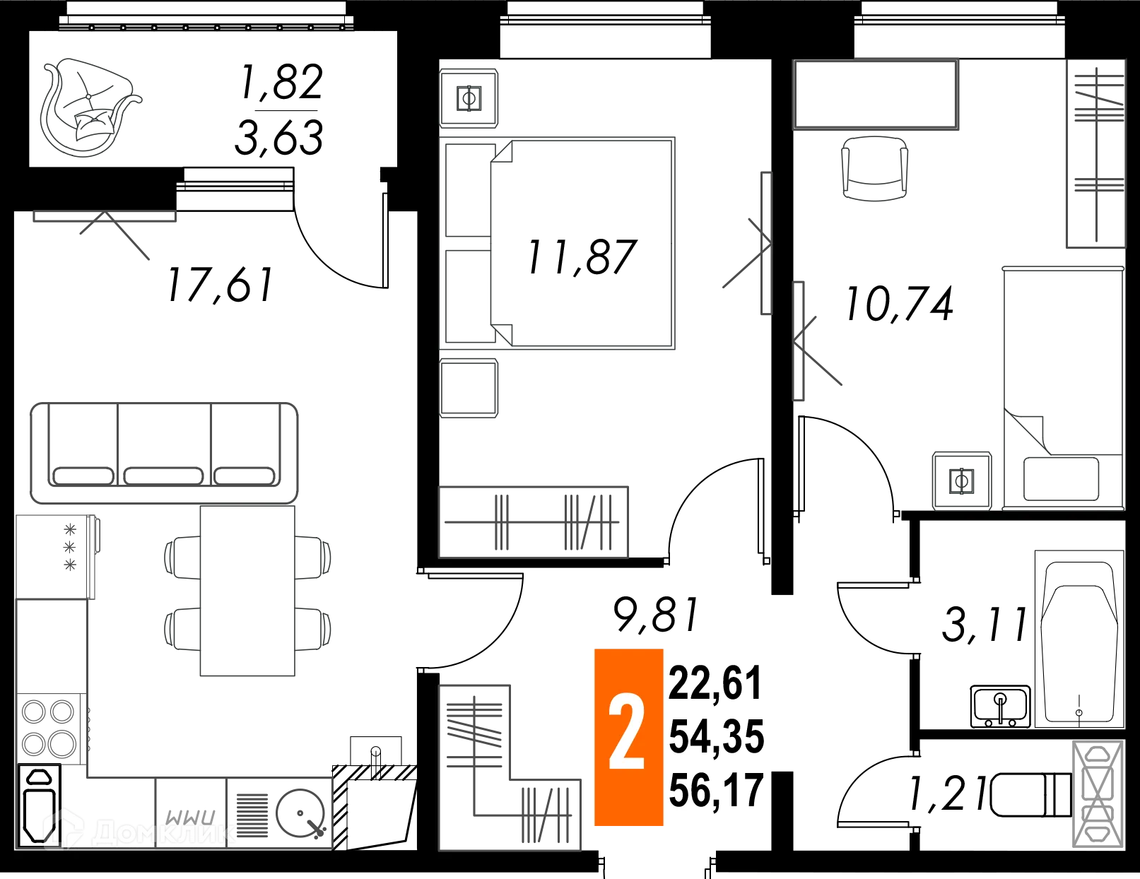 Планировка 2-комнатной квартиры 56.17 м² в ЖК КРЕЧЕТНИКОВ ПАРК, г. Калуга — фото 1