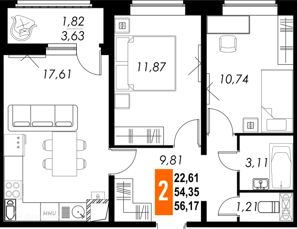 Планировка 2 комн. в ЖК КРЕЧЕТНИКОВ ПАРК
