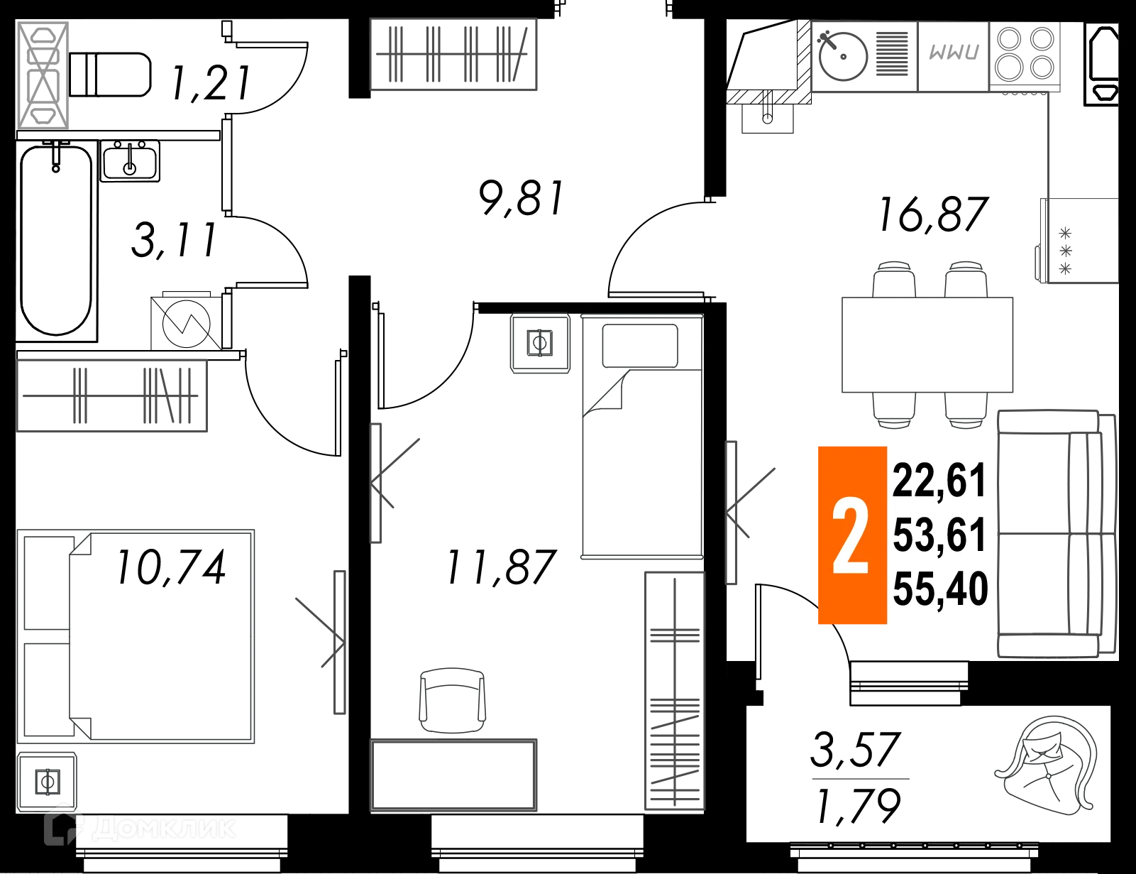Планировка 2-комнатной квартиры 55.4 м² в ЖК КРЕЧЕТНИКОВ ПАРК, г. Калуга — фото 1