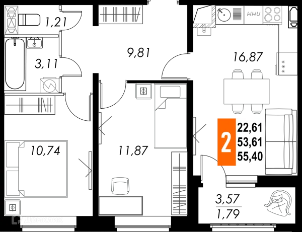 Планировка 2 комн. в ЖК КРЕЧЕТНИКОВ ПАРК