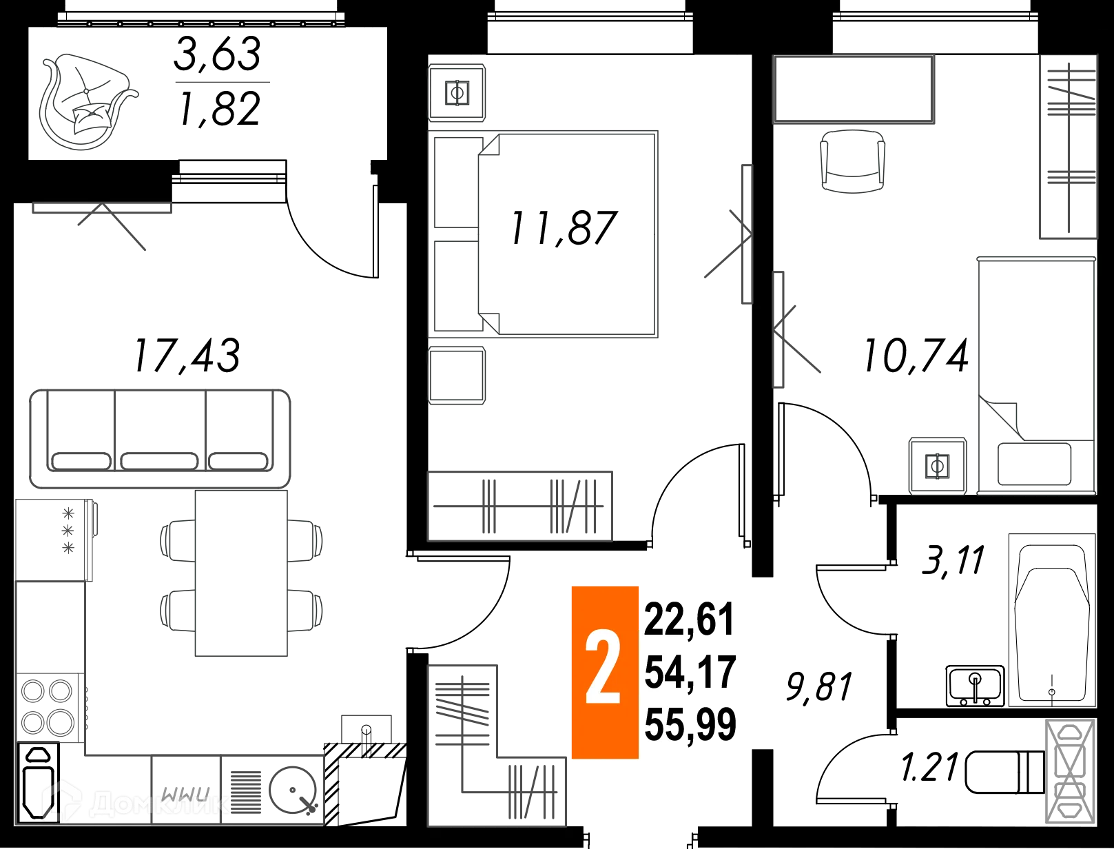Планировка 2-комнатной квартиры 55.99 м² в ЖК КРЕЧЕТНИКОВ ПАРК, г. Калуга — фото 1