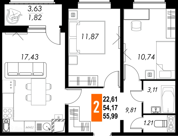 Планировка 2 комн. в ЖК КРЕЧЕТНИКОВ ПАРК