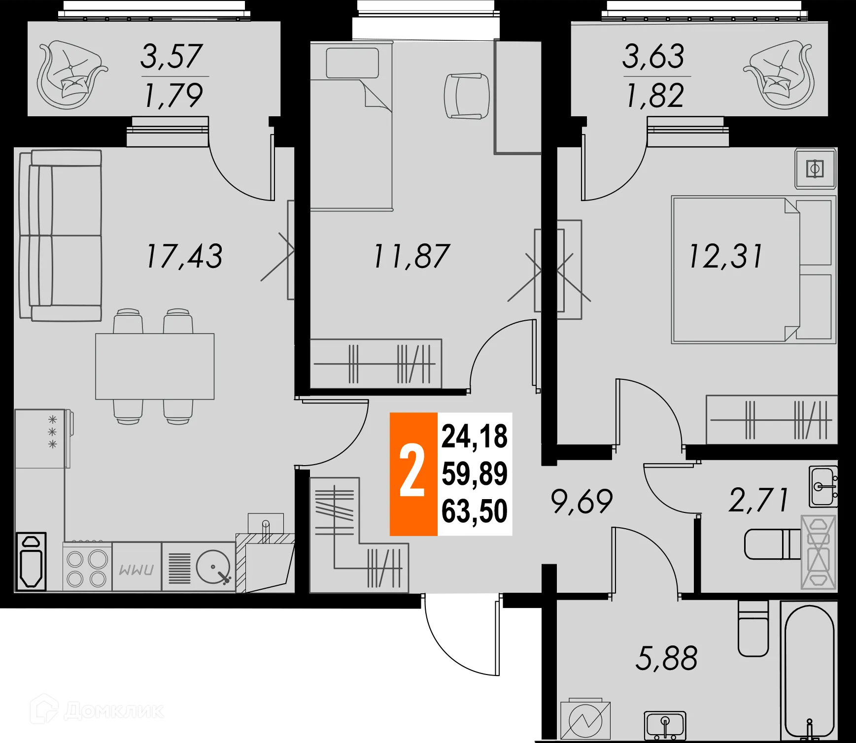 Планировка 2-комнатной квартиры 63.5 м² в ЖК КРЕЧЕТНИКОВ ПАРК, г. Калуга — фото 1