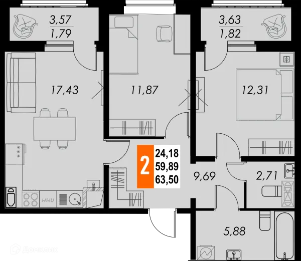 Планировка 2 комн. в ЖК КРЕЧЕТНИКОВ ПАРК