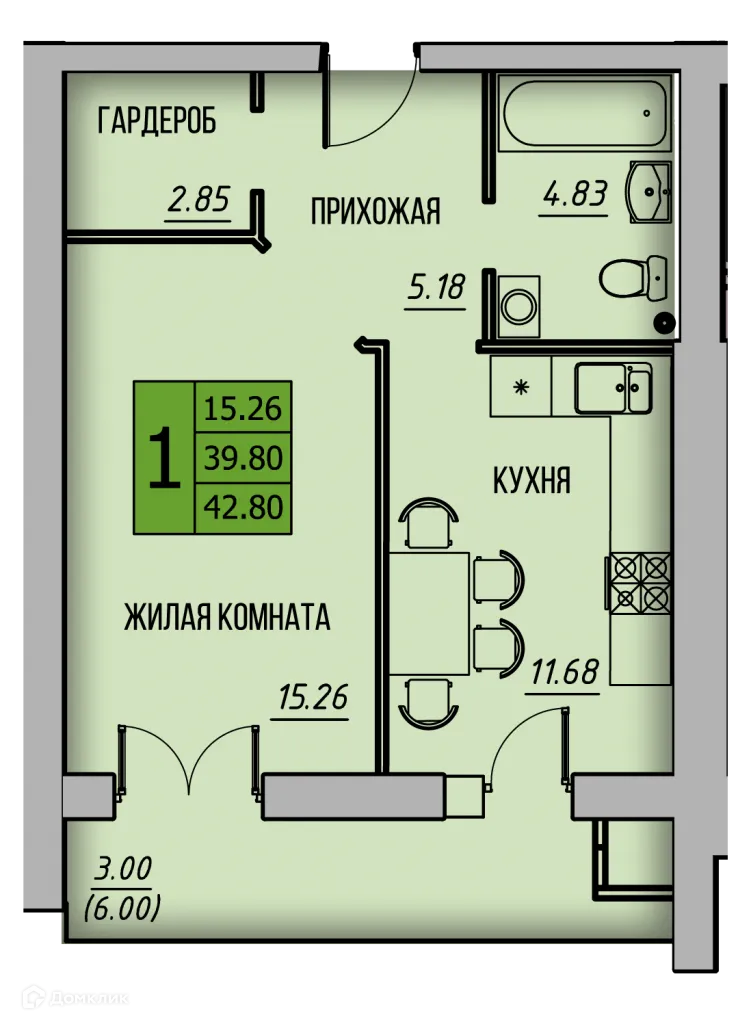 Планировка 1-комнатной квартиры 42.91 м² в ЖК КРЕЧЕТНИКОВ ПАРК, г. Калуга — фото 1