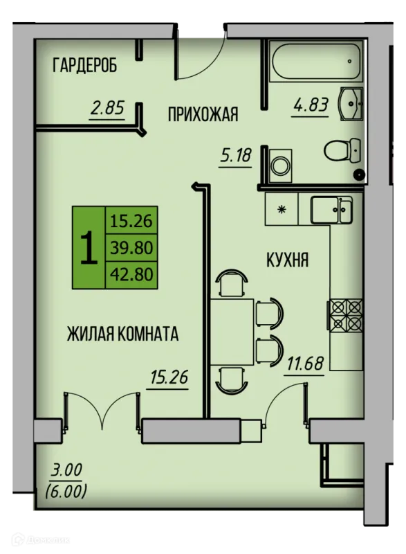 Планировка 1 комн. в ЖК КРЕЧЕТНИКОВ ПАРК