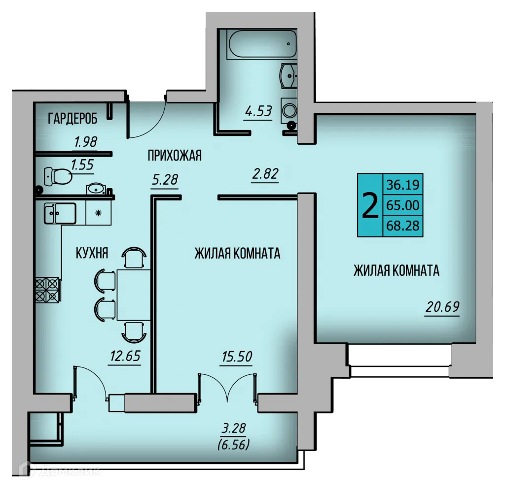 Планировка 2-комнатной квартиры 68.4 м² в ЖК КРЕЧЕТНИКОВ ПАРК, г. Калуга — фото 1