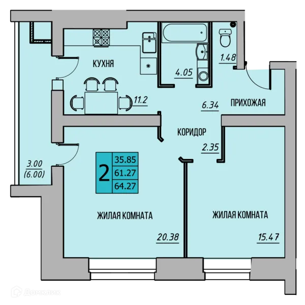 Планировка 2 комн. в ЖК КРЕЧЕТНИКОВ ПАРК