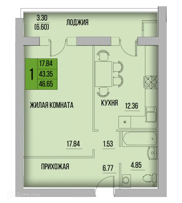 Планировка 1 комн. в ЖК КРЕЧЕТНИКОВ ПАРК