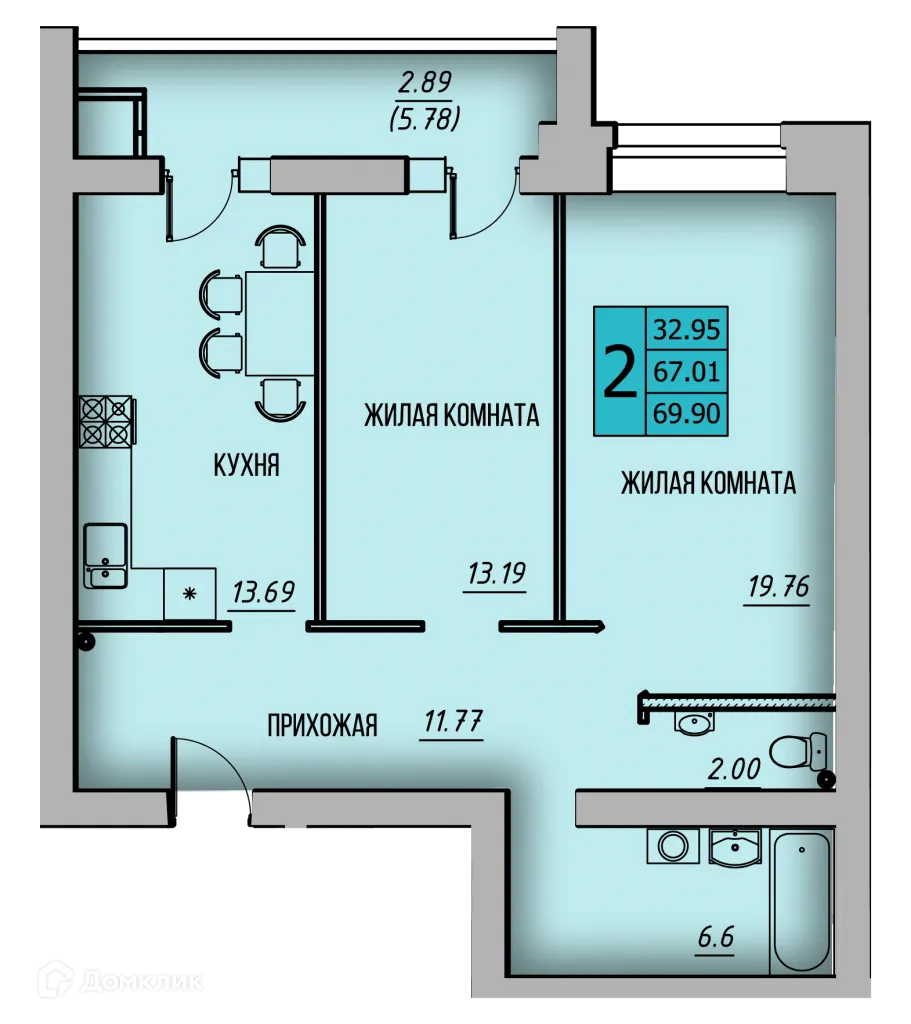 Планировка 2-комнатной квартиры 68.13 м² в ЖК КРЕЧЕТНИКОВ ПАРК, г. Калуга — фото 1