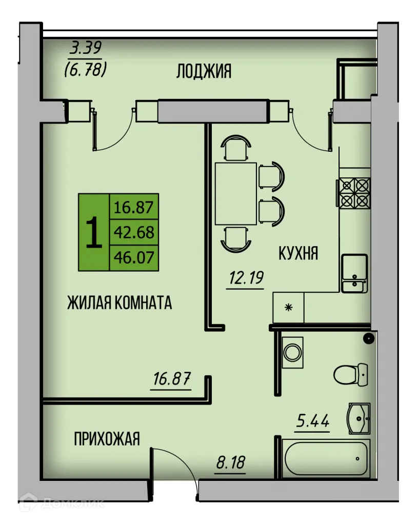 Планировка 1-комнатной квартиры 46.29 м² в ЖК КРЕЧЕТНИКОВ ПАРК, г. Калуга — фото 1