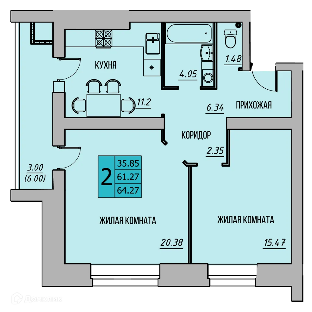 Планировка 2-комнатной квартиры 65.34 м² в ЖК КРЕЧЕТНИКОВ ПАРК, г. Калуга — фото 1