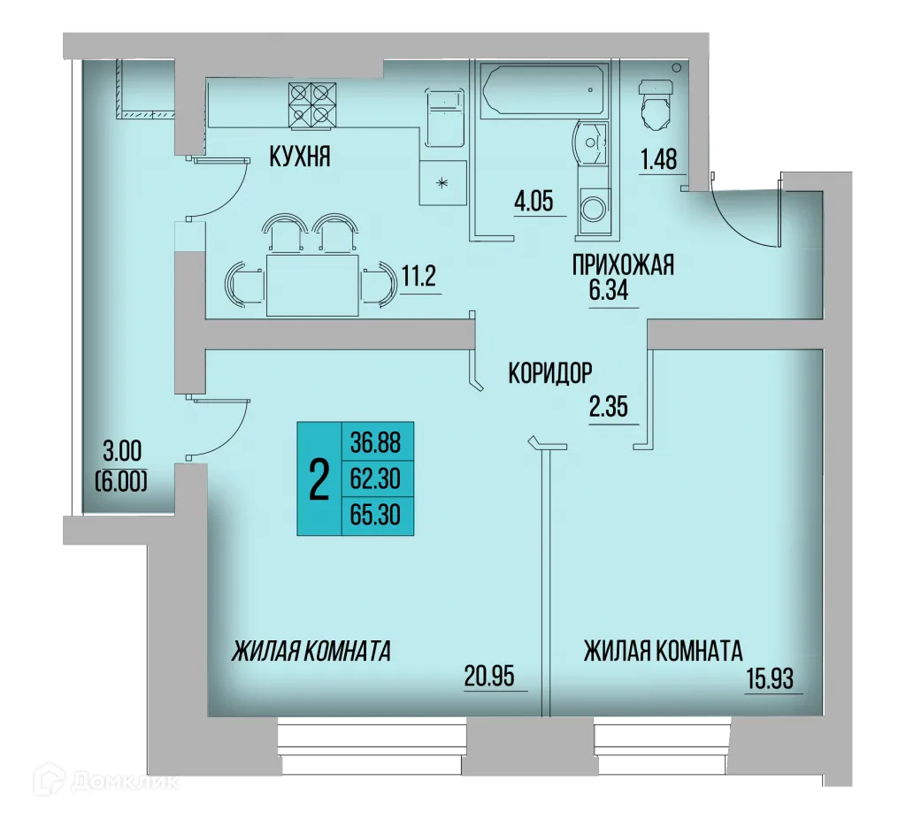 Планировка 2-комнатной квартиры 66.35 м² в ЖК КРЕЧЕТНИКОВ ПАРК, г. Калуга — фото 1
