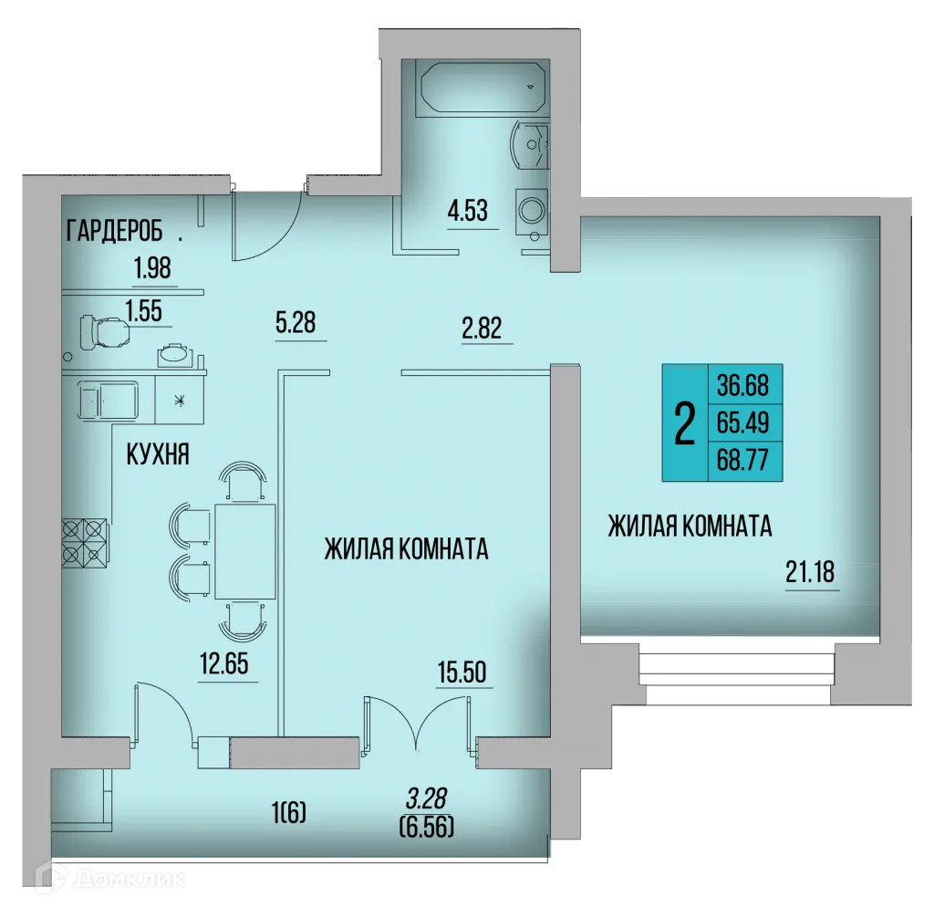 Планировка 2-комнатной квартиры 68.89 м² в ЖК КРЕЧЕТНИКОВ ПАРК, г. Калуга — фото 1