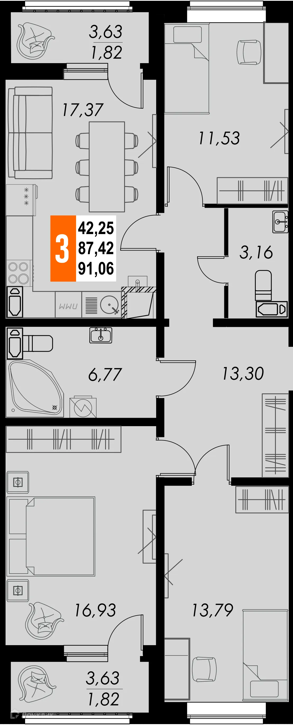 Планировка 3-комнатной квартиры 91.06 м² в ЖК КРЕЧЕТНИКОВ ПАРК, г. Калуга — фото 1