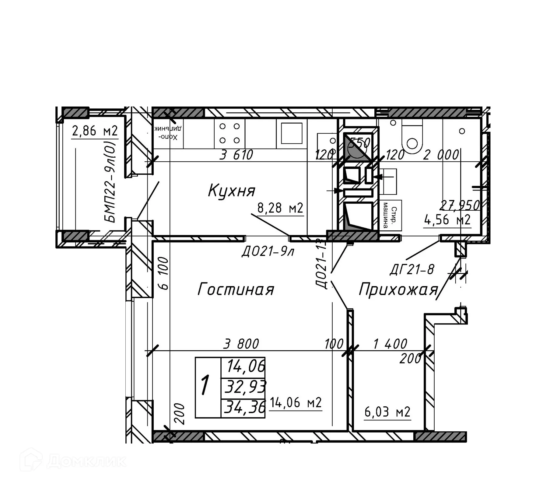 Планировка 1-комнатной квартиры 34.75 м² в ЖК Марс, г. Калуга — фото 1