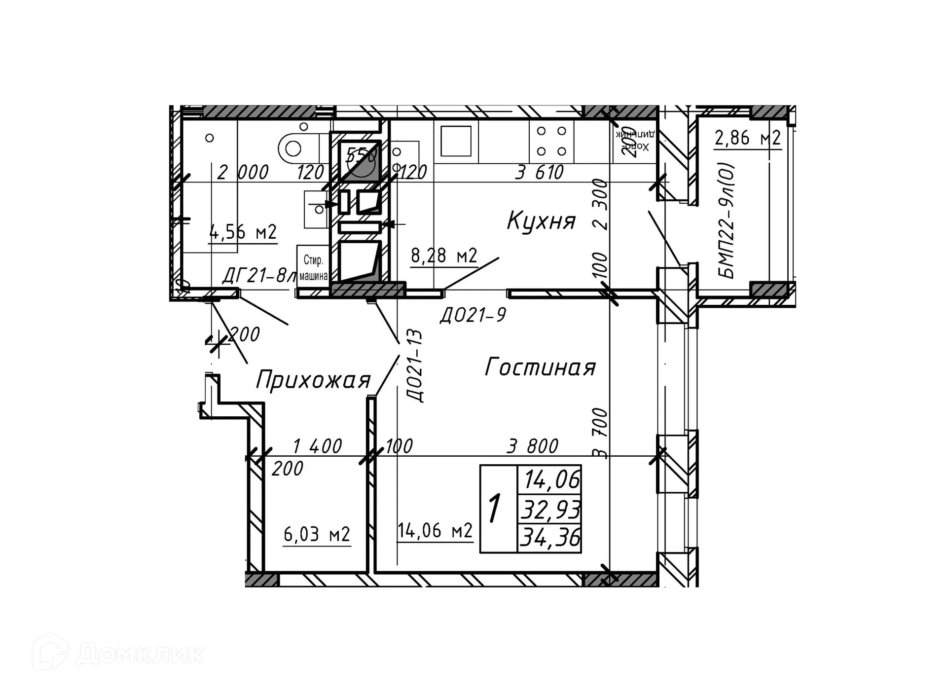 Планировка 1-комнатной квартиры 34.35 м² в ЖК Марс, г. Калуга — фото 1