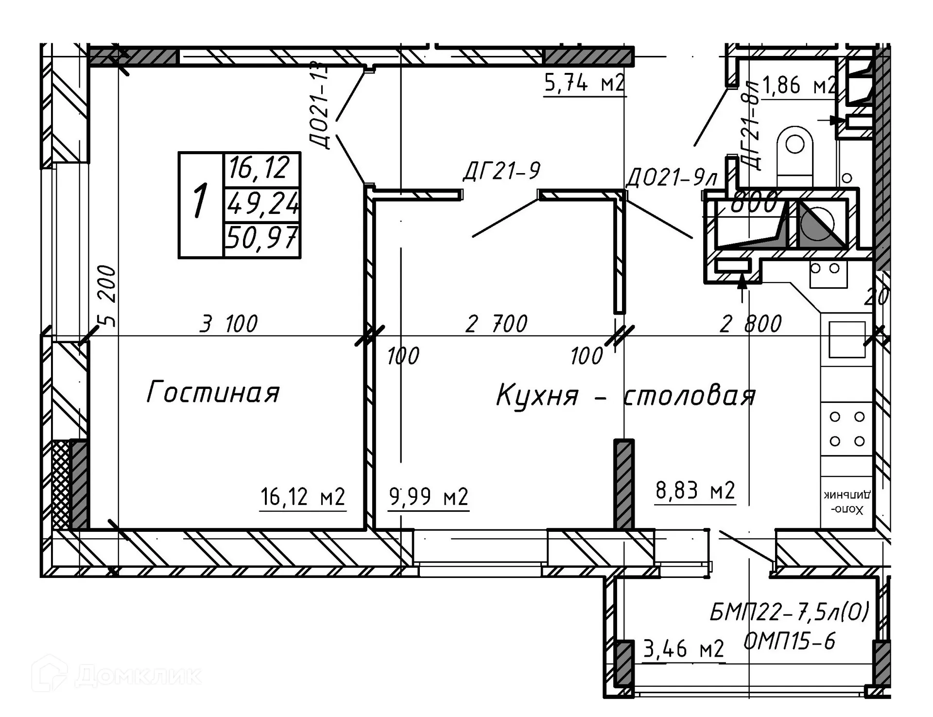 Планировка 1-комнатной квартиры 51.4 м² в ЖК Марс, г. Калуга — фото 1