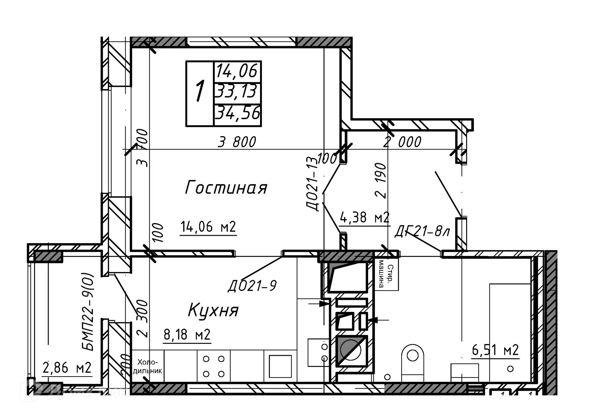 Планировка 1-комнатной квартиры 34.65 м² в ЖК Марс, г. Калуга — фото 1