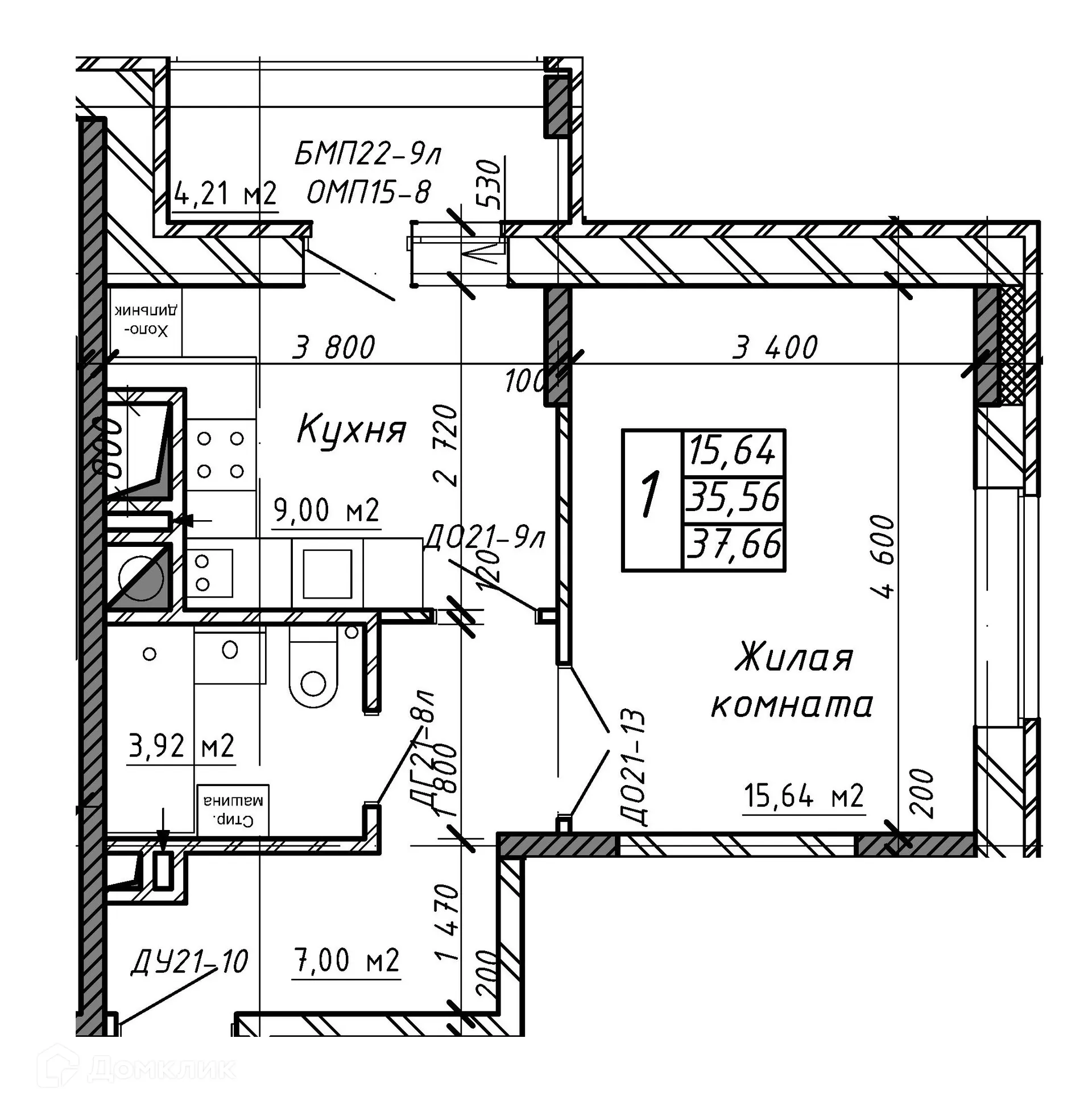 Планировка 1-комнатной квартиры 38.15 м² в ЖК Марс, г. Калуга — фото 1