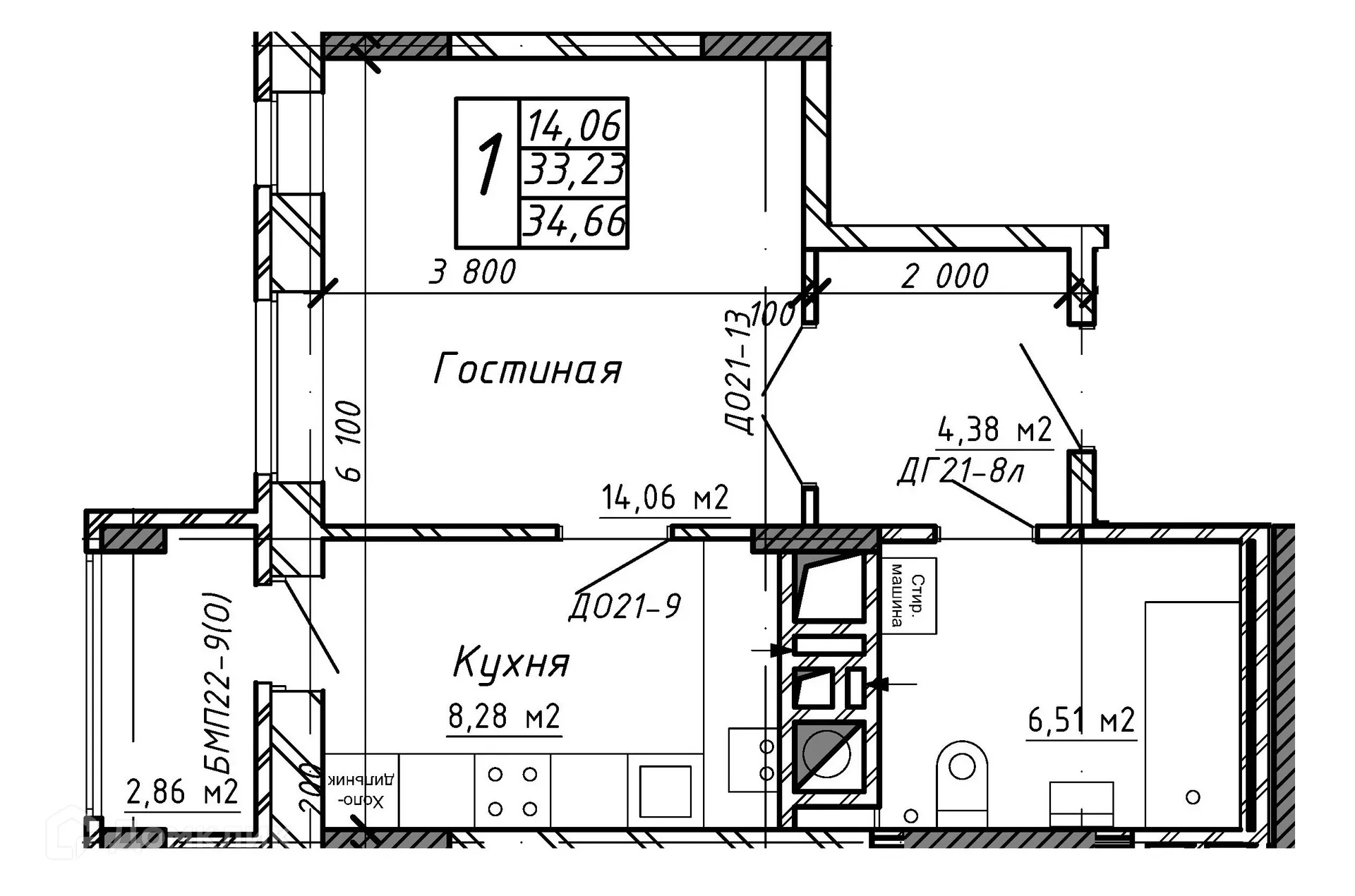 Планировка 1-комнатной квартиры 34.55 м² в ЖК Марс, г. Калуга — фото 1
