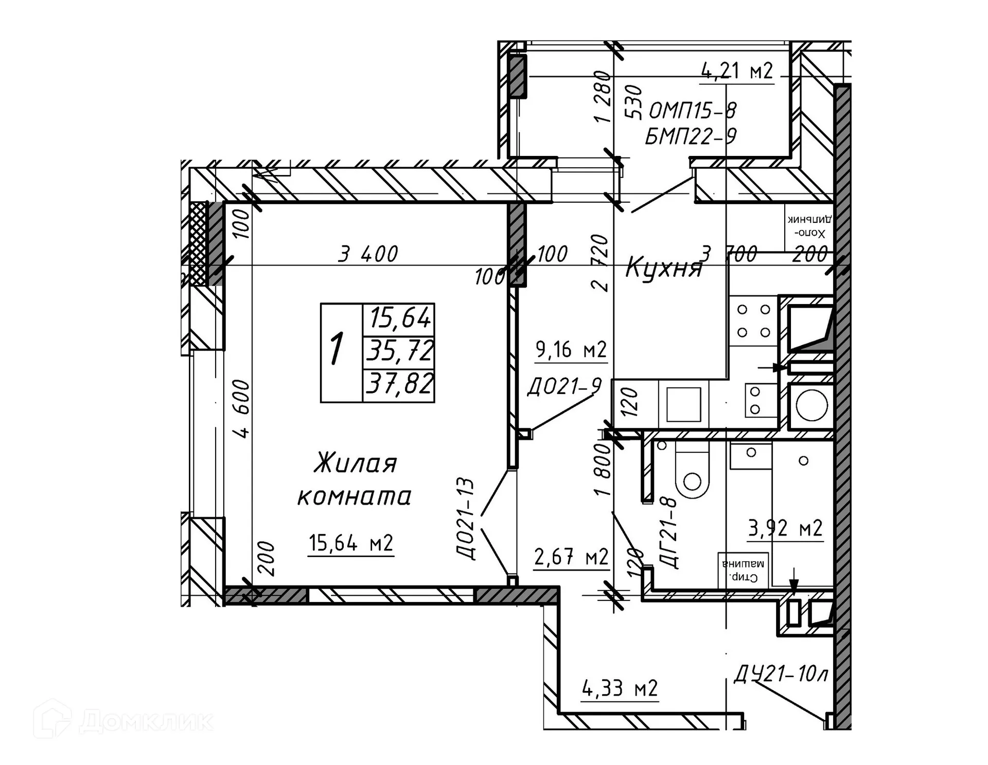 Планировка 1-комнатной квартиры 38 м² в ЖК Марс, г. Калуга — фото 1
