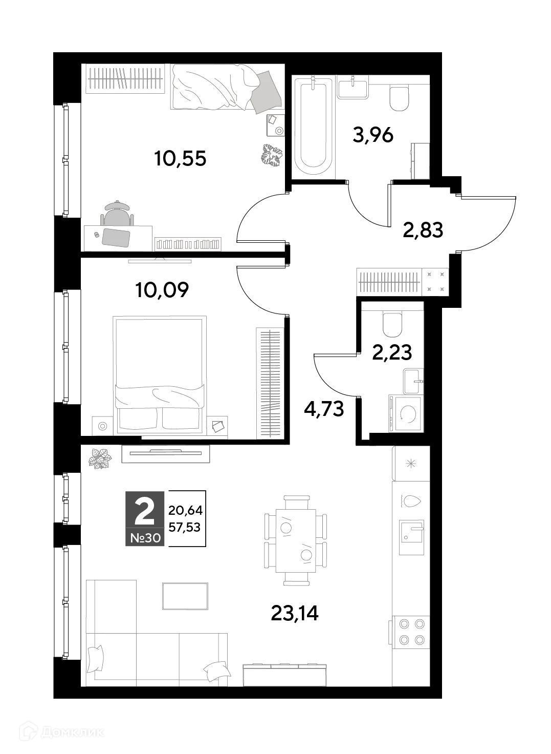 Планировка 2-комнатной квартиры 57.53 м² в ЖК Космопарк, г. Калуга — фото 1