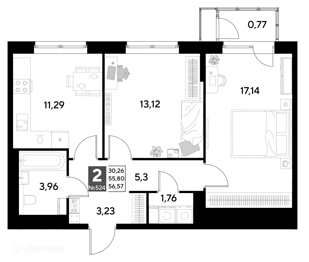 Планировка 2-комнатной квартиры 56.57 м² в ЖК Космопарк, г. Калуга — фото 1