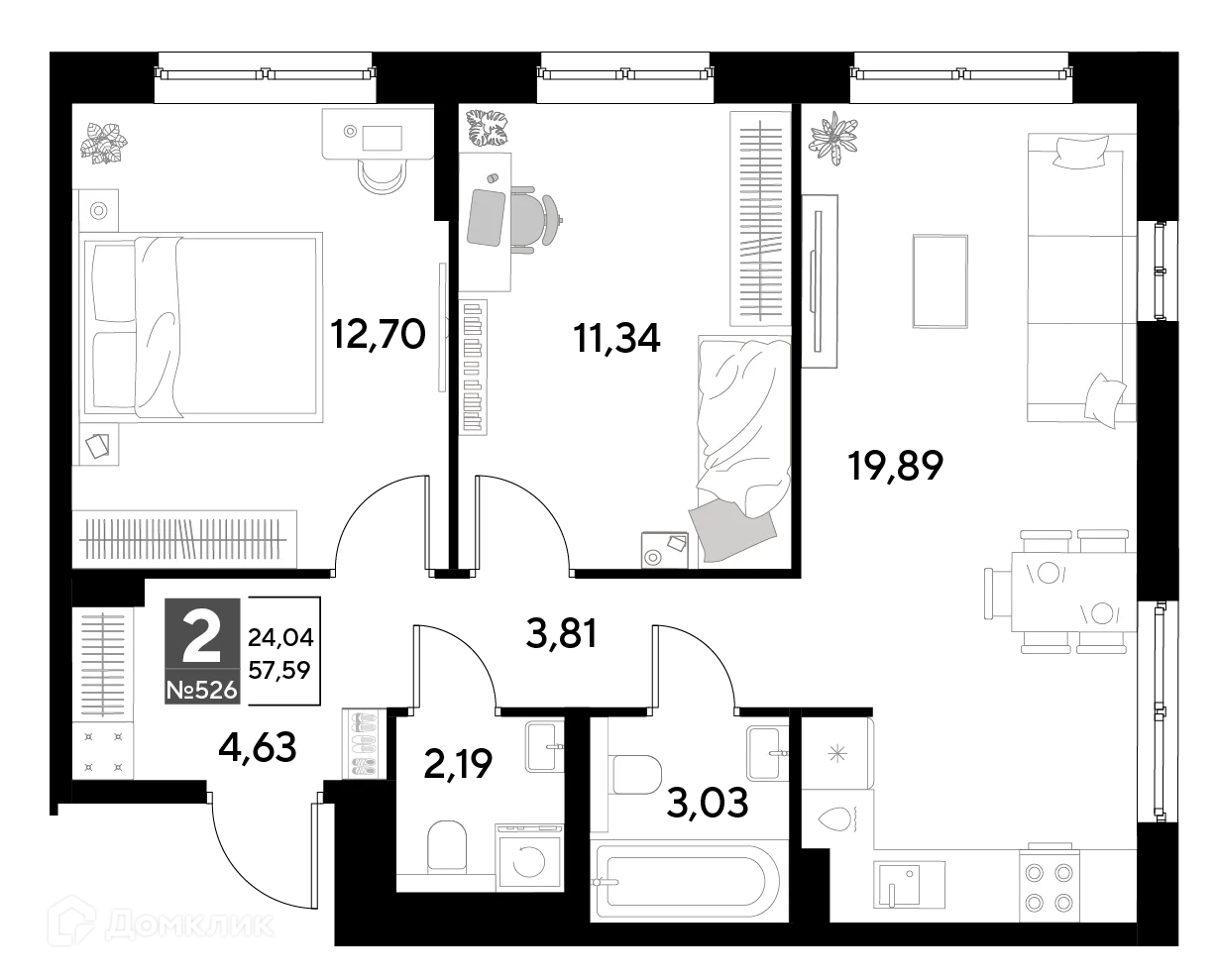 Планировка 2-комнатной квартиры 57.59 м² в ЖК Космопарк, г. Калуга — фото 1