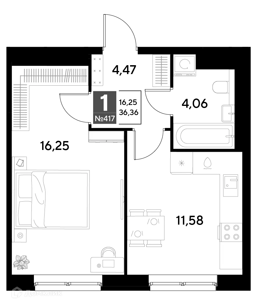 Планировка 1-комнатной квартиры 36.36 м² в ЖК Космопарк, г. Калуга — фото 1