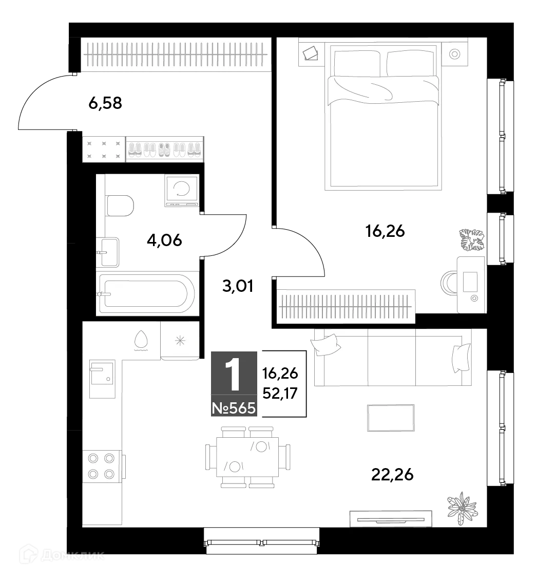 Планировка 1-комнатной квартиры 52.17 м² в ЖК Космопарк, г. Калуга — фото 1