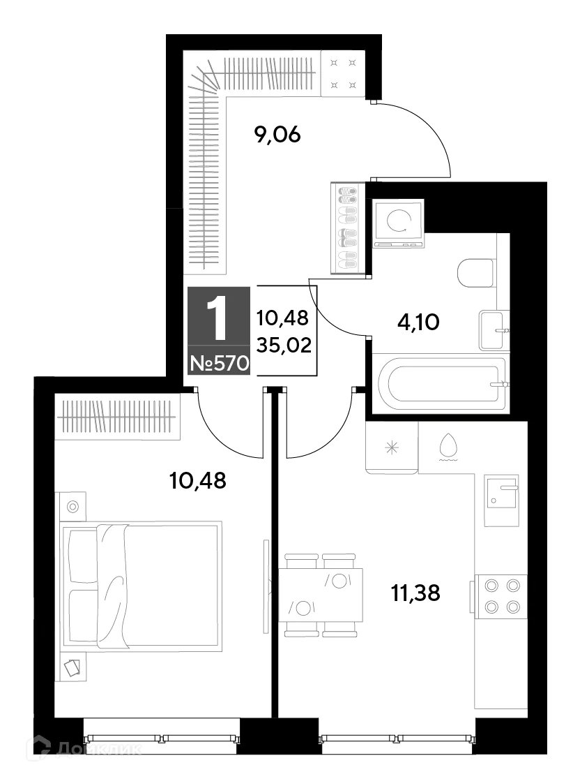 Планировка 1-комнатной квартиры 35.02 м² в ЖК Космопарк, г. Калуга — фото 1