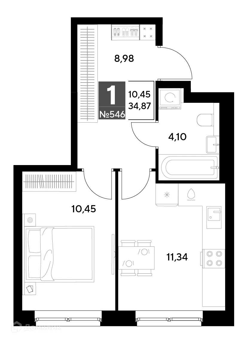 Планировка 1-комнатной квартиры 34.87 м² в ЖК Космопарк, г. Калуга — фото 1