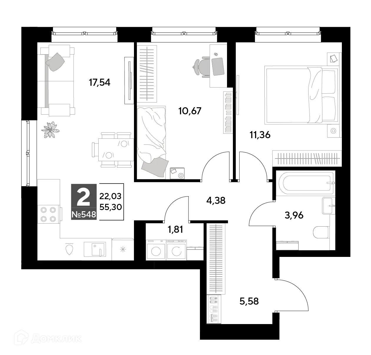 Планировка 2-комнатной квартиры 55.3 м² в ЖК Космопарк, г. Калуга — фото 1