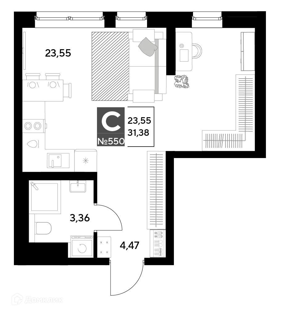 Планировка студии квартиры 31.38 м² в ЖК Космопарк, г. Калуга — фото 1