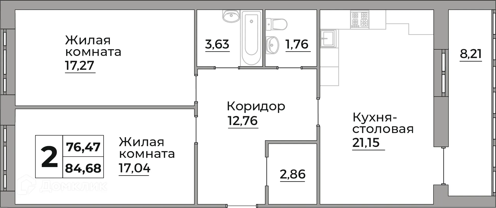 Планировка 2-комнатной квартиры 76.47 м² в ЖК Кошелев Парк, г. Калуга — фото 1