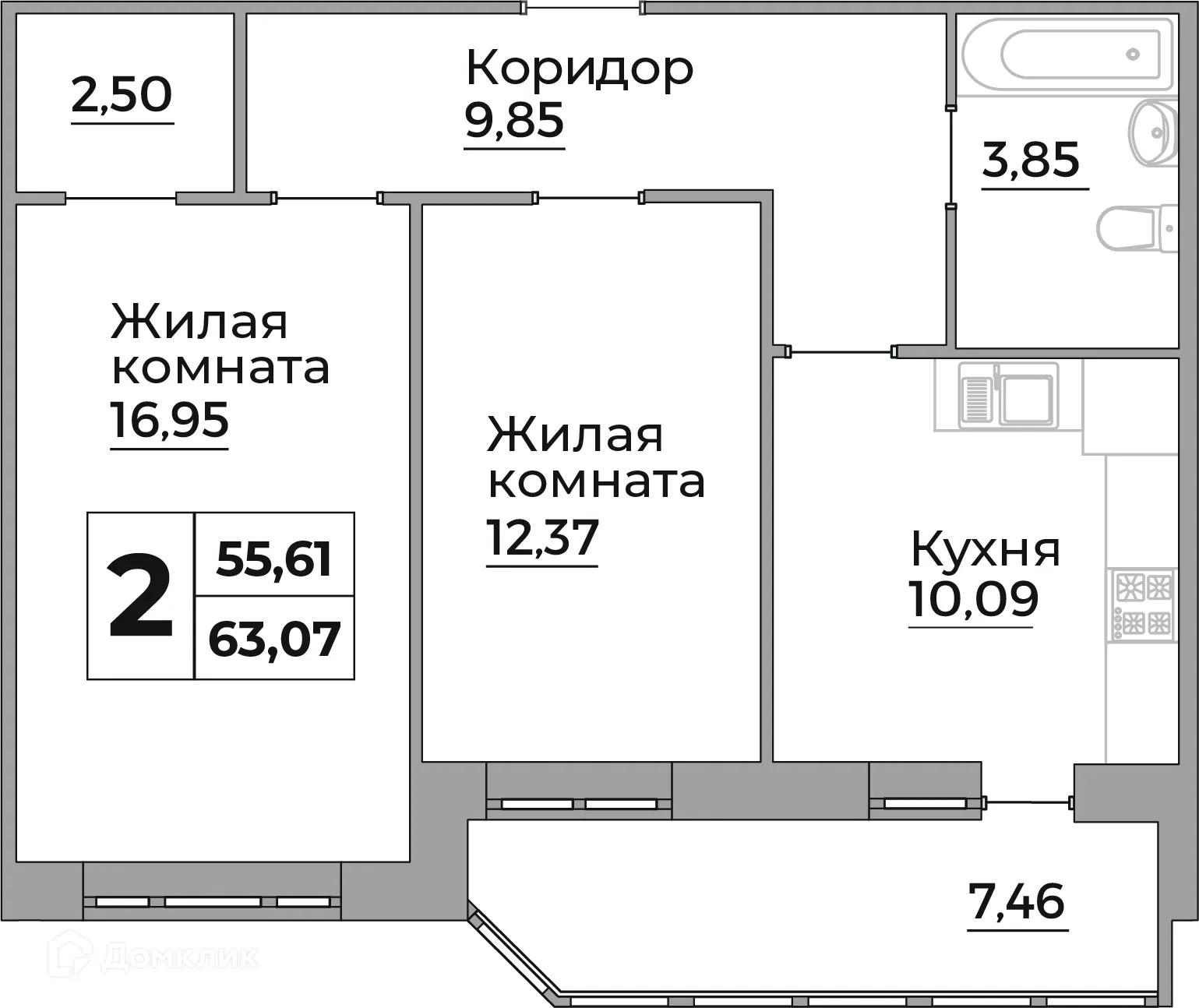 Планировка 2-комнатной квартиры 55.61 м² в ЖК Кошелев Парк, г. Калуга — фото 1