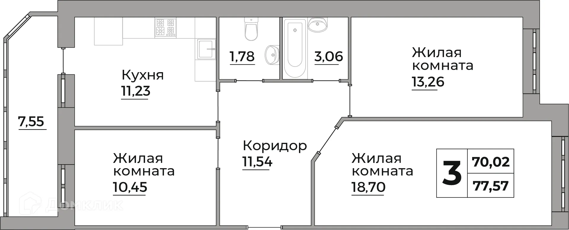 Планировка 3-комнатной квартиры 70.02 м² в ЖК Кошелев Парк, г. Калуга — фото 1