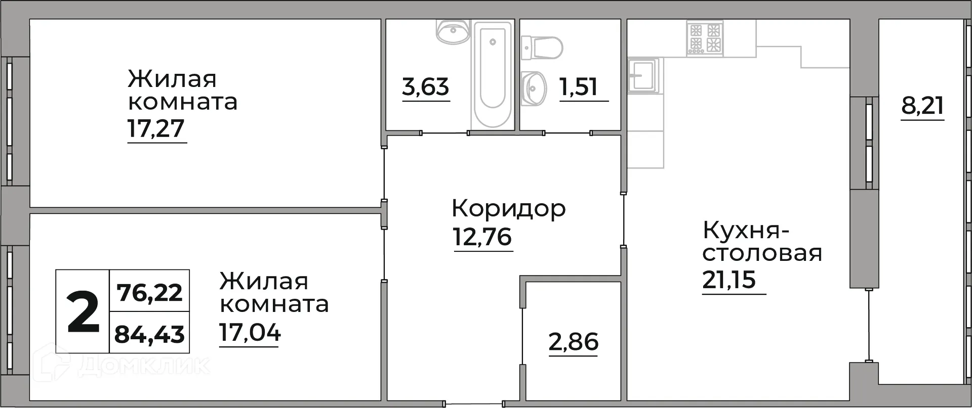 Планировка 2-комнатной квартиры 76.22 м² в ЖК Кошелев Парк, г. Калуга — фото 1