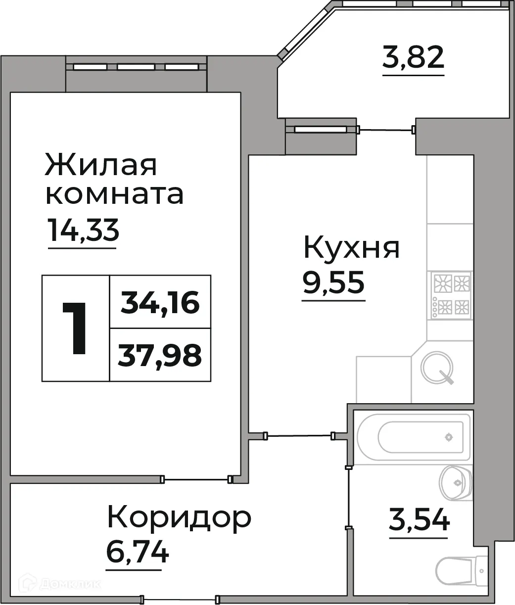 Планировка 1-комнатной квартиры 34.16 м² в ЖК Кошелев Парк, г. Калуга — фото 1