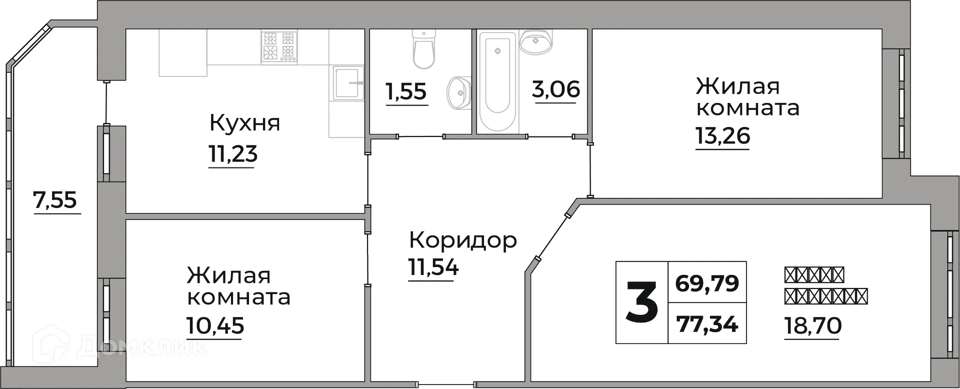 Планировка 3-комнатной квартиры 69.79 м² в ЖК Кошелев Парк, г. Калуга — фото 1