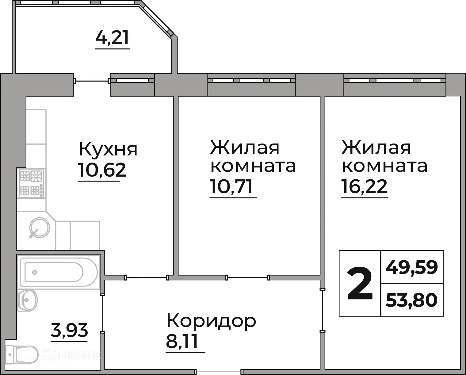 Планировка 2-комнатной квартиры 49.59 м² в ЖК Кошелев Парк, г. Калуга — фото 1