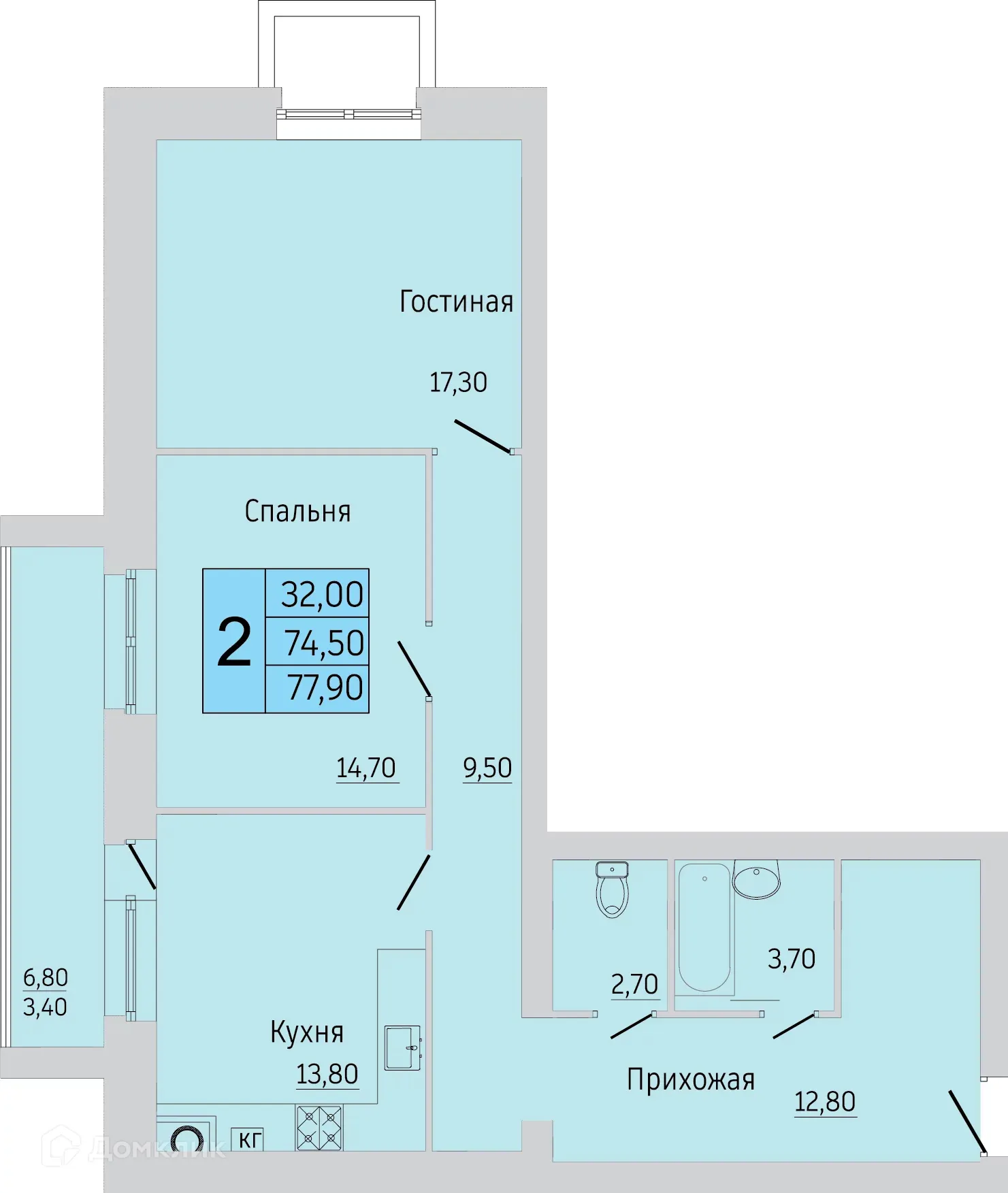 Планировка 2-комнатной квартиры 73.9 м² в ЖК Тимирязевский, г. Калуга — фото 1