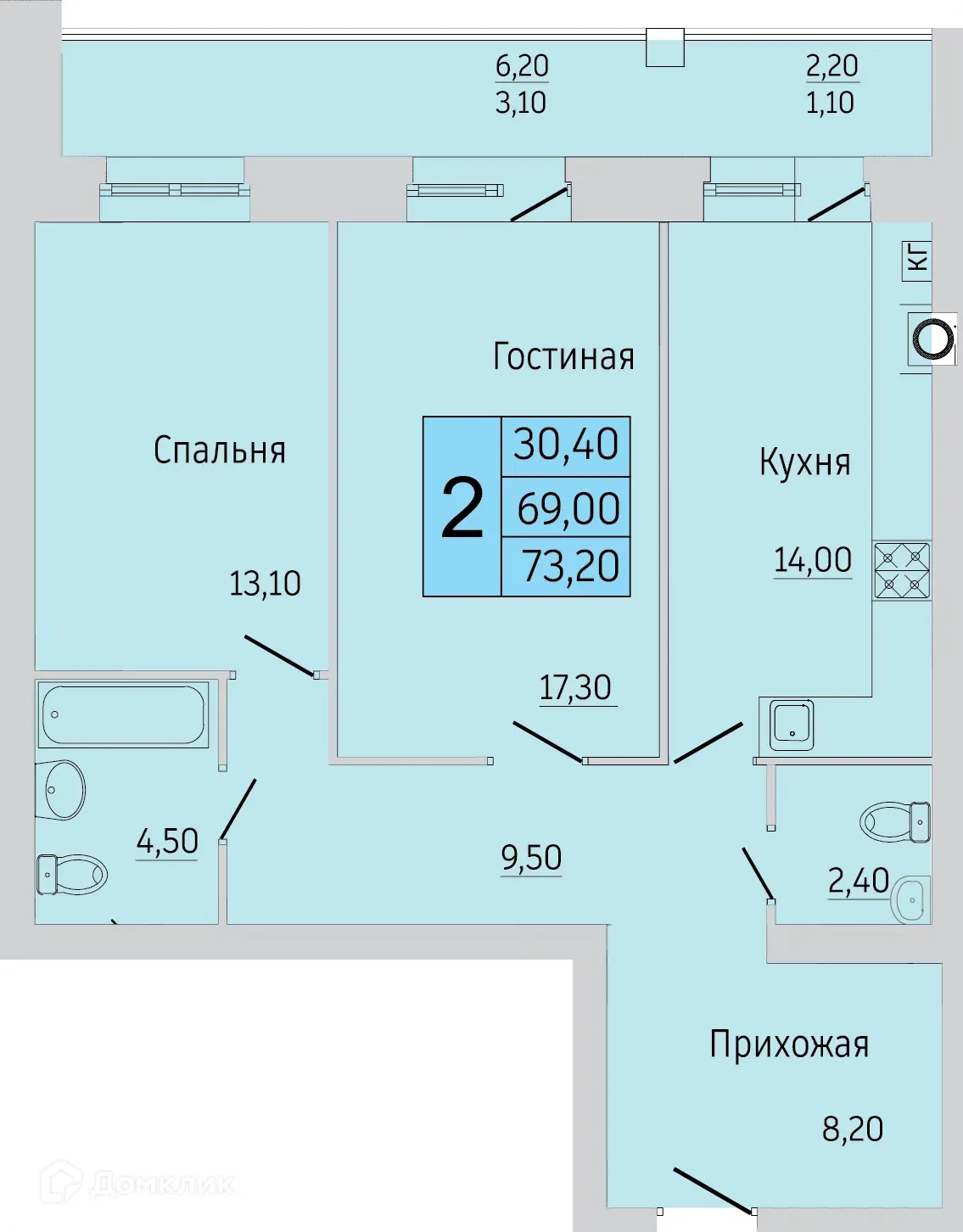 Планировка 2-комнатной квартиры 68.2 м² в ЖК Тимирязевский, г. Калуга — фото 1