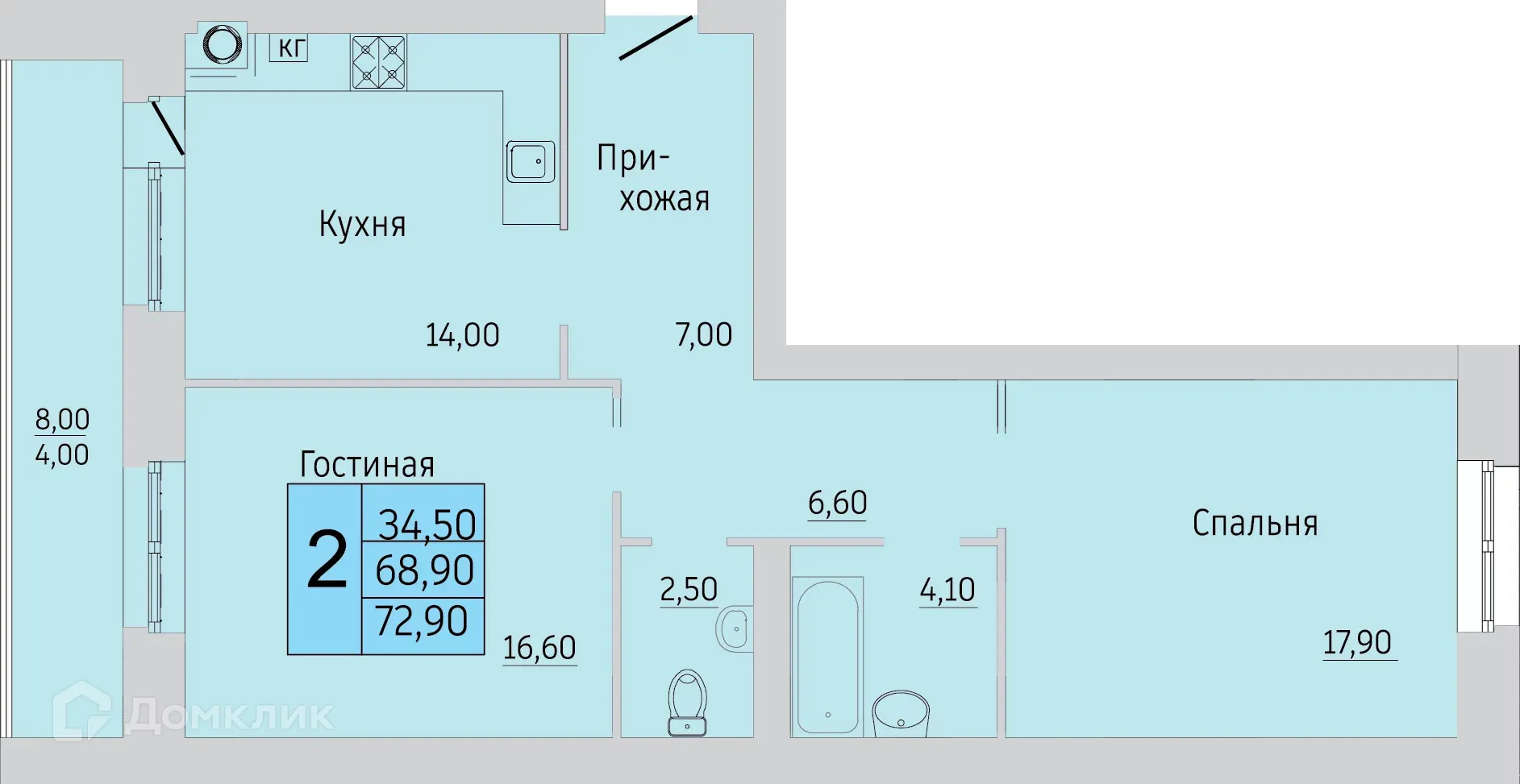 Планировка 2-комнатной квартиры 68 м² в ЖК Тимирязевский, г. Калуга — фото 1