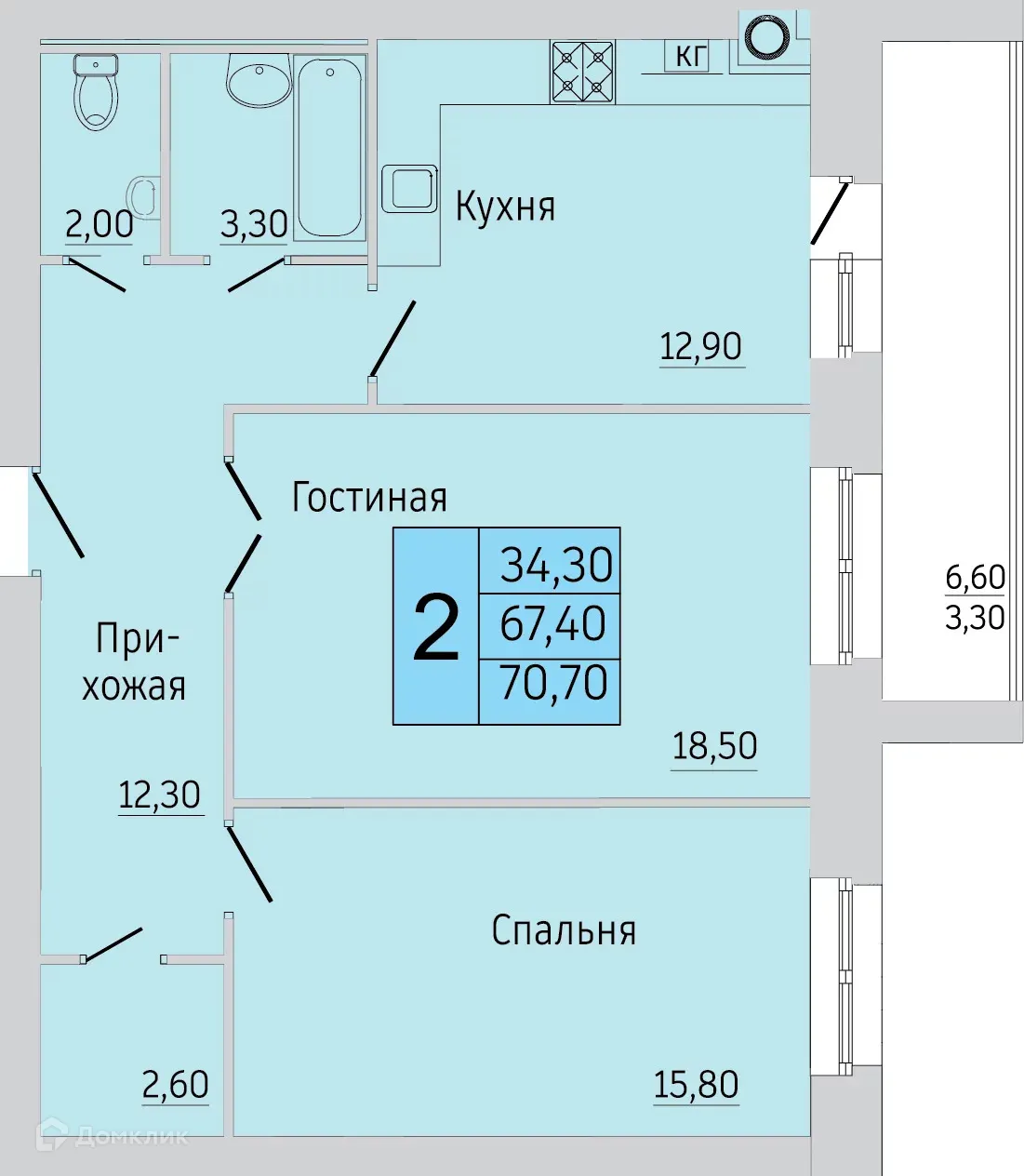 Планировка 2-комнатной квартиры 67.1 м² в ЖК Тимирязевский, г. Калуга — фото 1